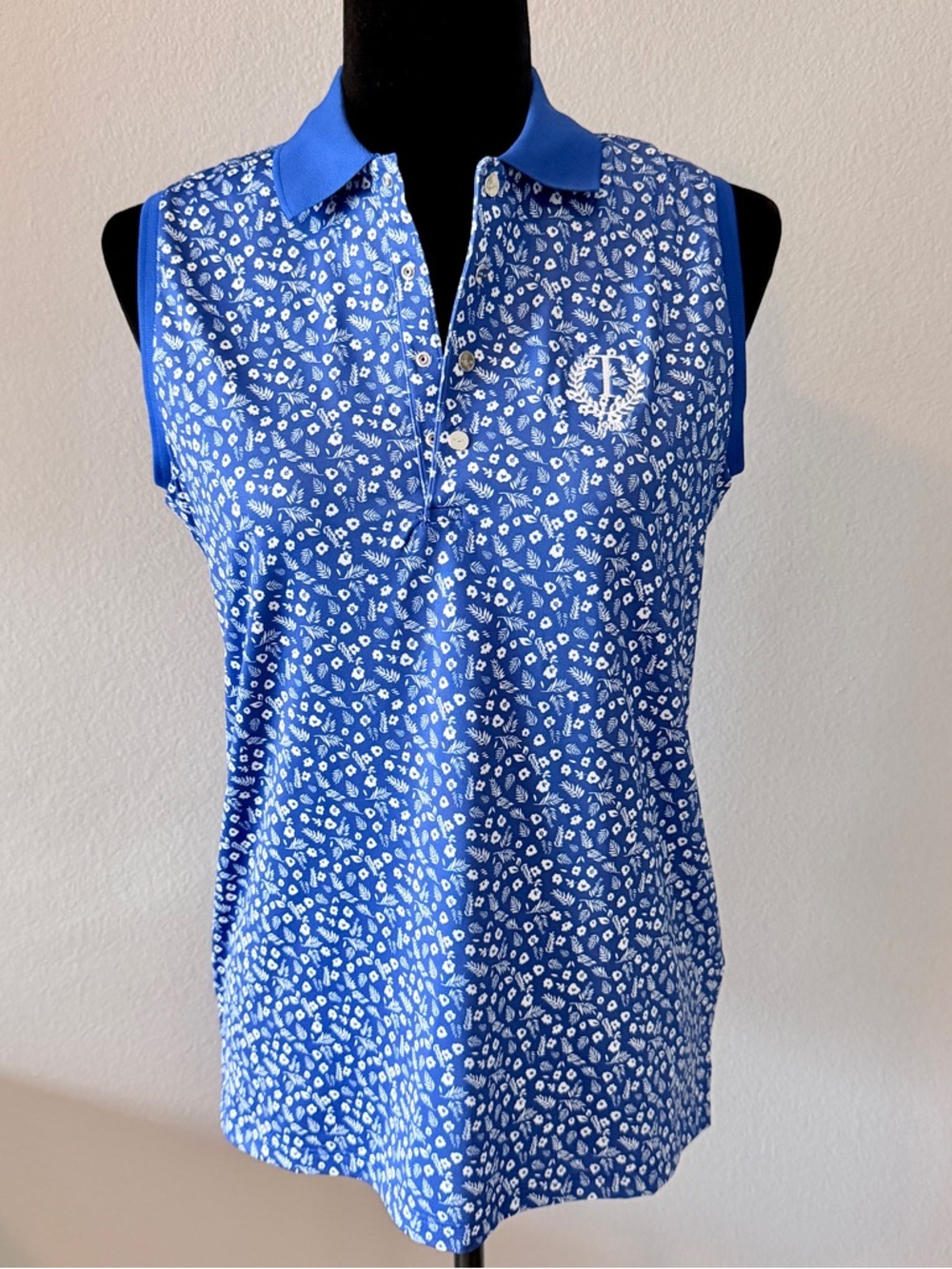 Ralph Lauren Blue Sleeveless Polo Golf Top with White Micro Floral Print